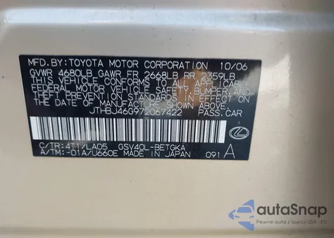 2007 Lexus Es 350 from USA, damaged, VIN JTHBJ46G972067422